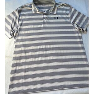 Under Armour Mens 2XL HeatGear Striped Polo Shirt White Navy Blue Loose Fit